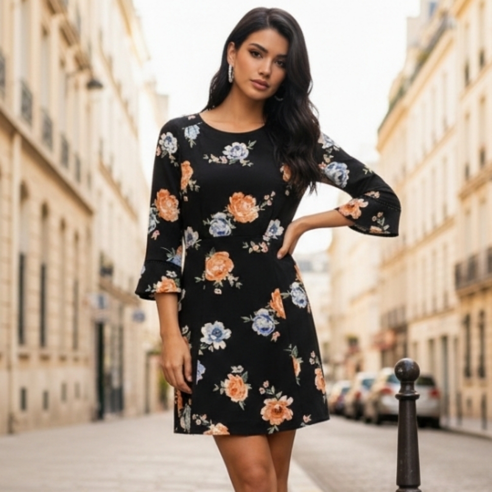 H & M Divided -  Crepe Mini Black Floral Long Sleeve Dress Size 12